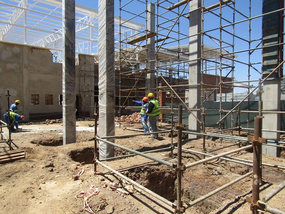 Scaffolded structural work on a large commercial building